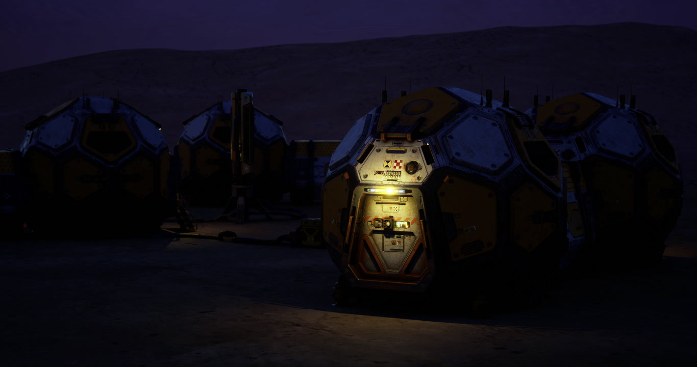 Exploration habitat modules illuminated on mars during twilight hours