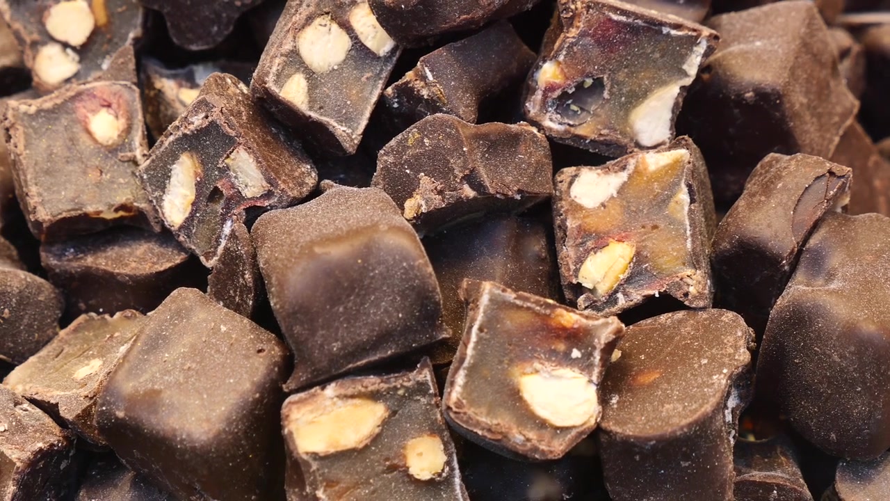 Close-up of Delicious Chocolate Covered Turkish Delight with Nuts