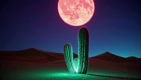 glowing cactus under a pink moon in the desert