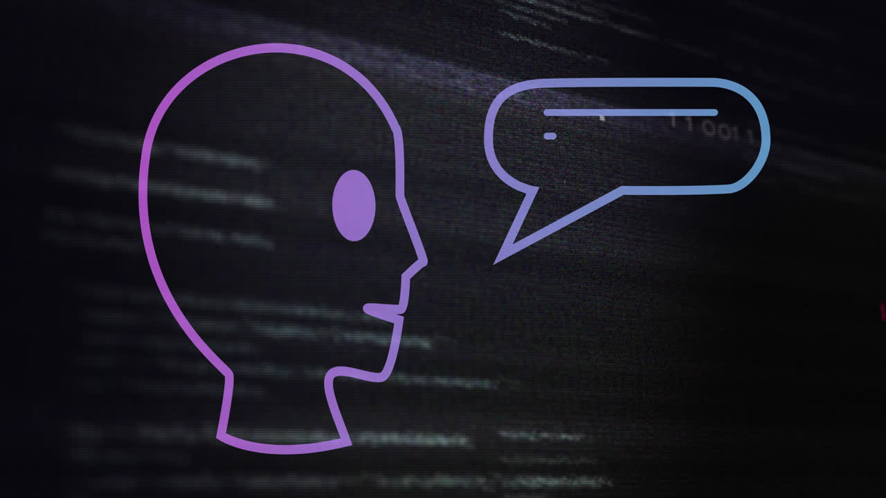 Animation of ai text, icons and data processing over circuit board