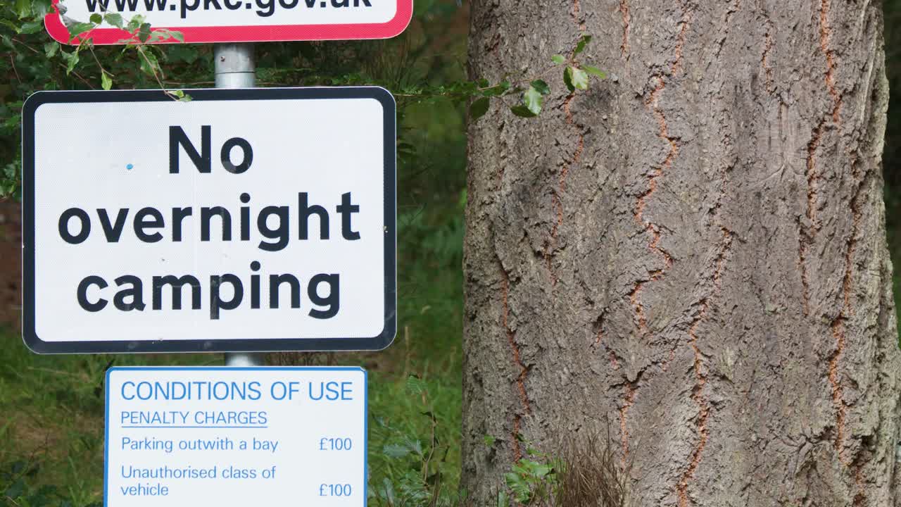 Warning sign prohibits overnight camping in wooded area, natural daylight, slow camera pan, Inverness