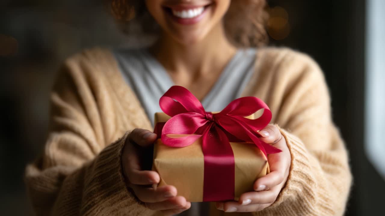 Un gioioso momento di sorpresa: una donna che tiene in mano un regalo splendidamente incartato con un nastro rosso, catturando l'essenza della celebrazione e dell'attesa.