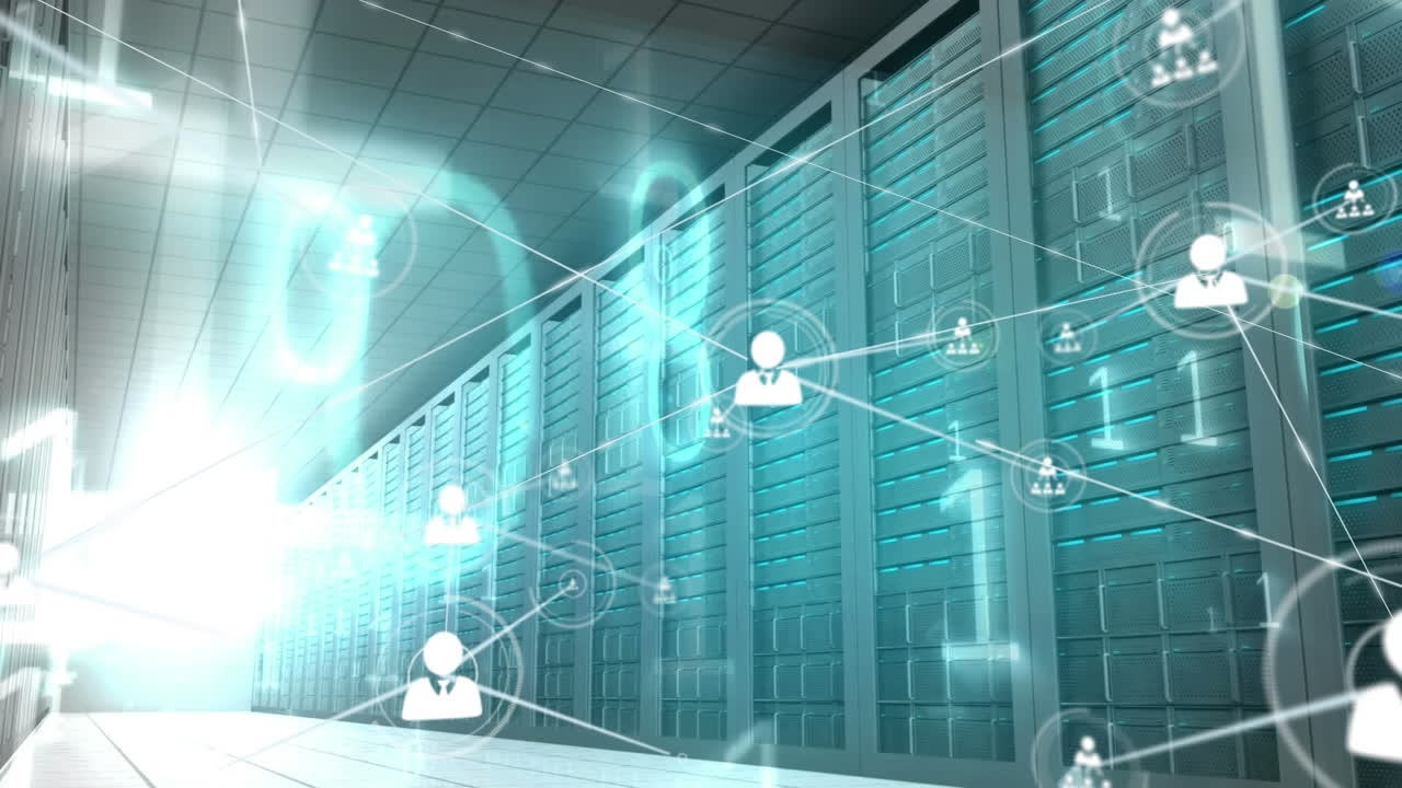 animación de la red de conexiones con iconos y codificación binaria a través de servidores informáticos