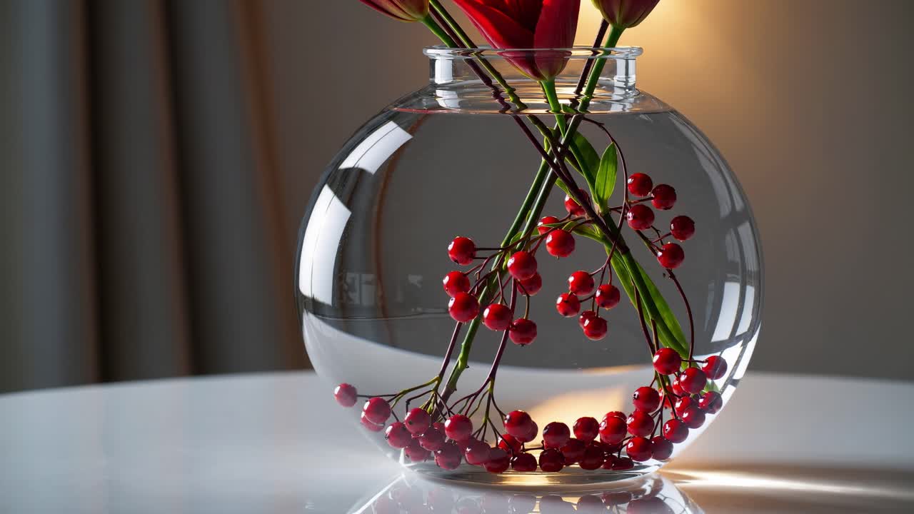Red berries and delicate flowers create a captivating display in a round glass vase, resting on a white surface, illuminated by soft, warm light