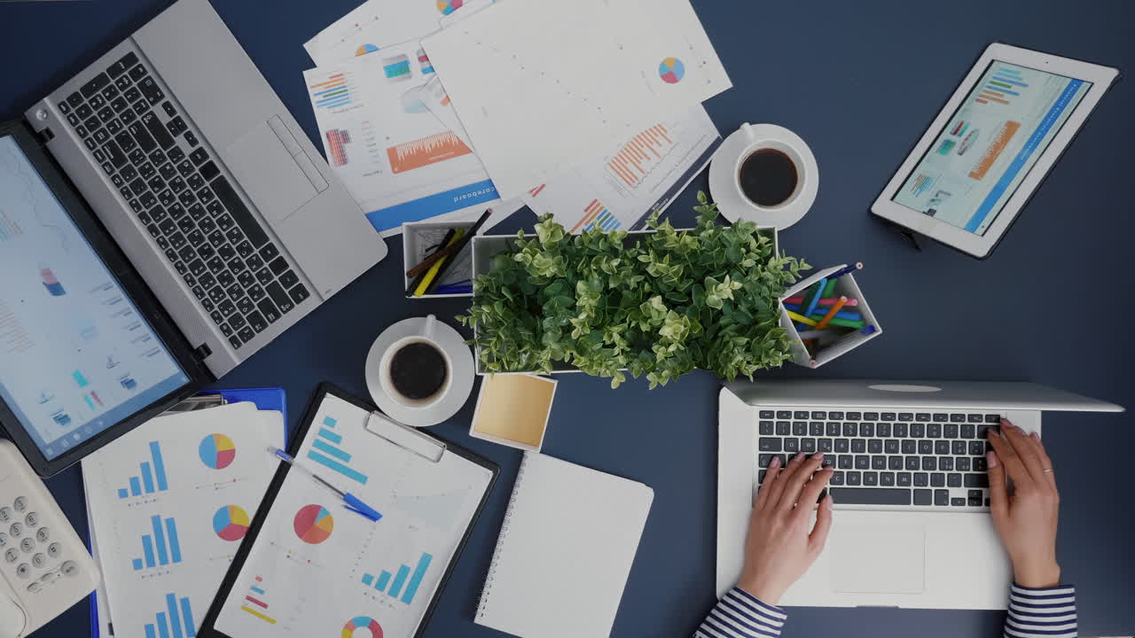 Vista dall'alto della donna d'affari che lavora ai grafici della società finanziaria sul computer