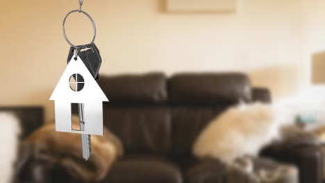 animation of key with keychain in shape of house over living room interior