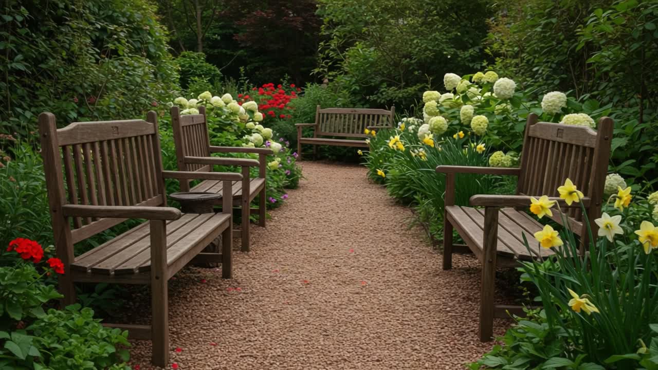 A Serene Pathway Surrounded by Vibrant Flowers and Inviting Benches, Perfect for Relaxation and Connection with Nature in a Peaceful Garden Setting