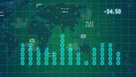 Weltkarte-Mit-Datenpunkten-Und-Balkendiagrammanimation-über-Grünem-Gitterhintergrund