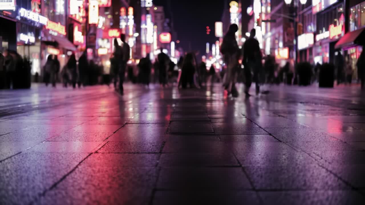 A Vibrant Night Scene of a Bustling Street Filled with People and Colorful Neon Lights Reflecting on the Wet Pavement, Capturing the Lively Atmosphere of Urban Exploration