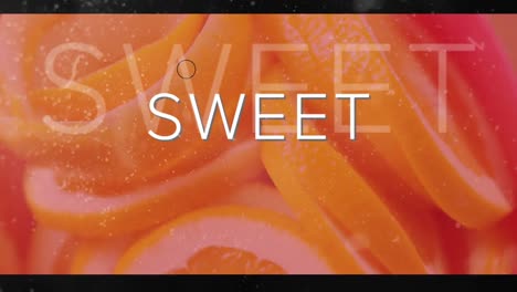 Animation-of-sweet-text-in-white,-with-glitches-and-flashing-circles-over-slices-of-orange