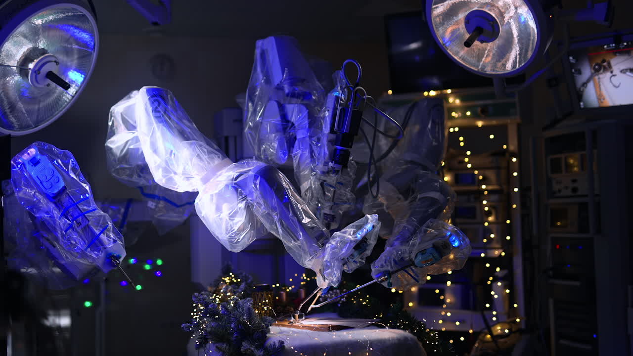 Futuristic Da Vinci robot using old writing appliances. Robotic arms coated in plastic write on the paper on operational table. Christmas decorations at backdrop in dark room.
