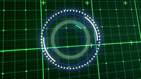 Animation-of-neon-round-scanner-spinning-over-grid-network-against-green-background