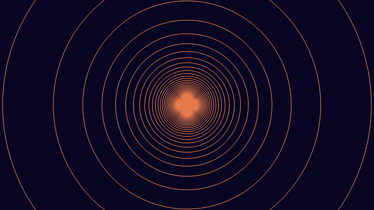 Abstract footage of glowing orange concentric rings forming a tunnel on a dark blue background, creating a hypnotic geometric pattern for tech, sci fi, and motion design