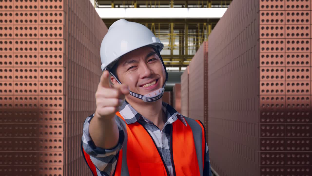 Close Up Of Asian Male Engineer With Safety Helmet Smiling And Touching His Chest Then Pointing At You While Standing With Red Brick Packed in Stacks Are Stored