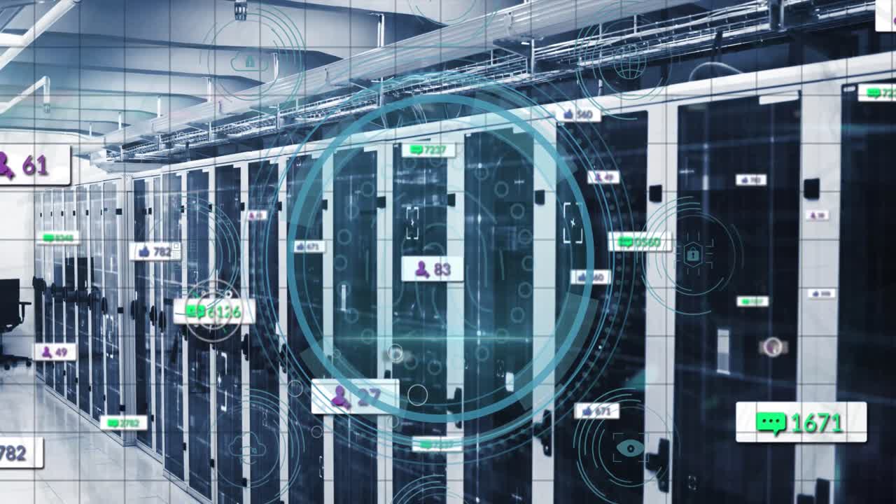 Animation of data processing and fingerprint over server room