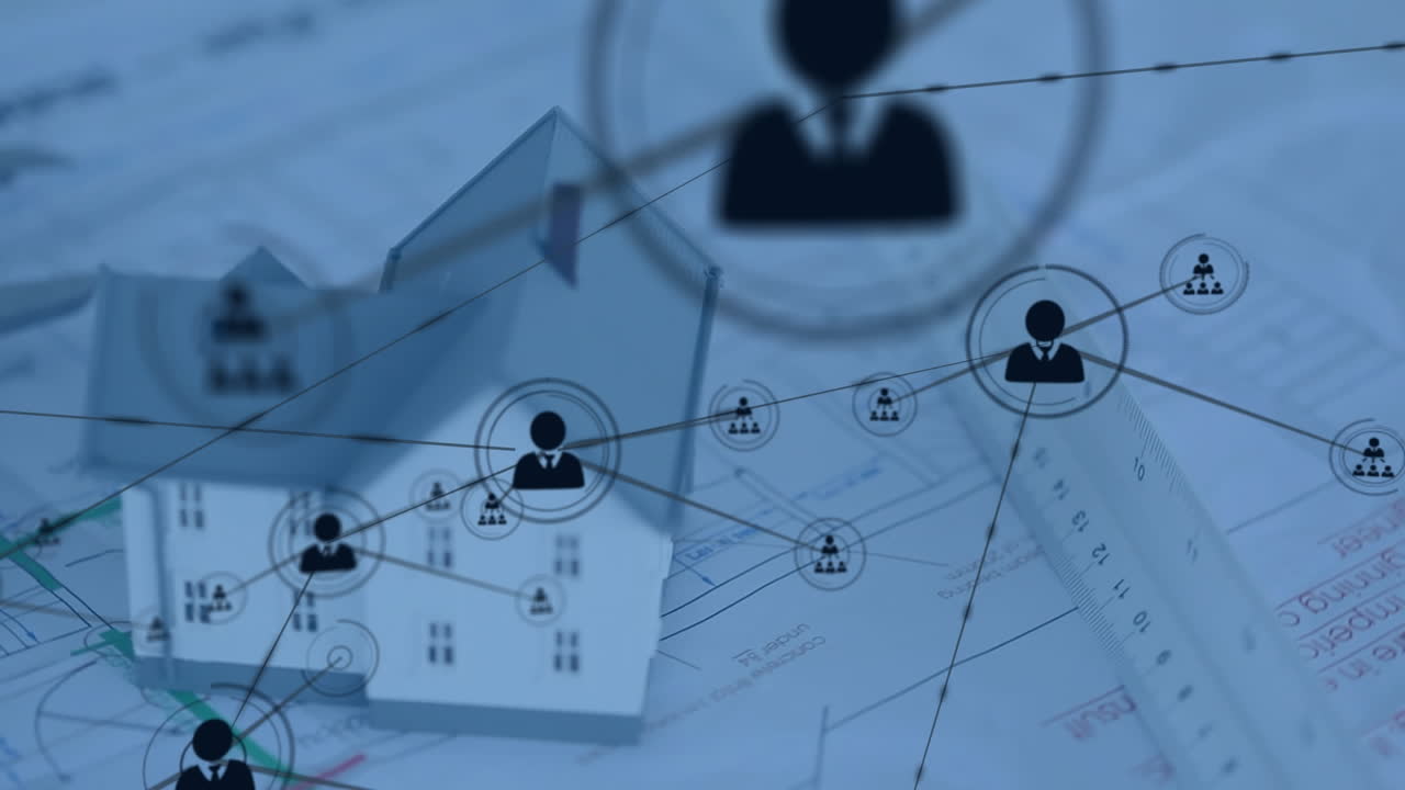 анимация сети соединений с иконами над моделью дома и чертежами