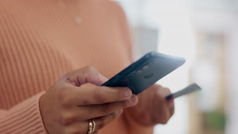 Hands,-woman-and-credit-card-with-phone-for-online