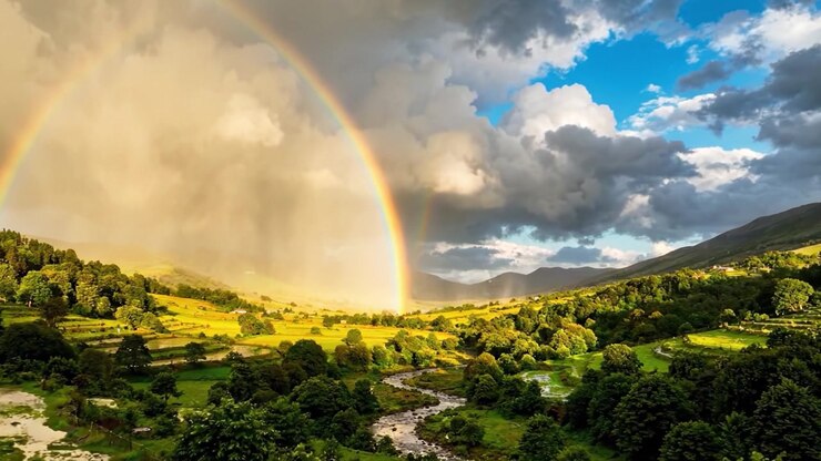 A Stunning Display of Nature's Beauty: A Breathtaking Rainbow Arc Over Lush Green Fields Surrounded by Majestic Mountains and Dynamic Clouds