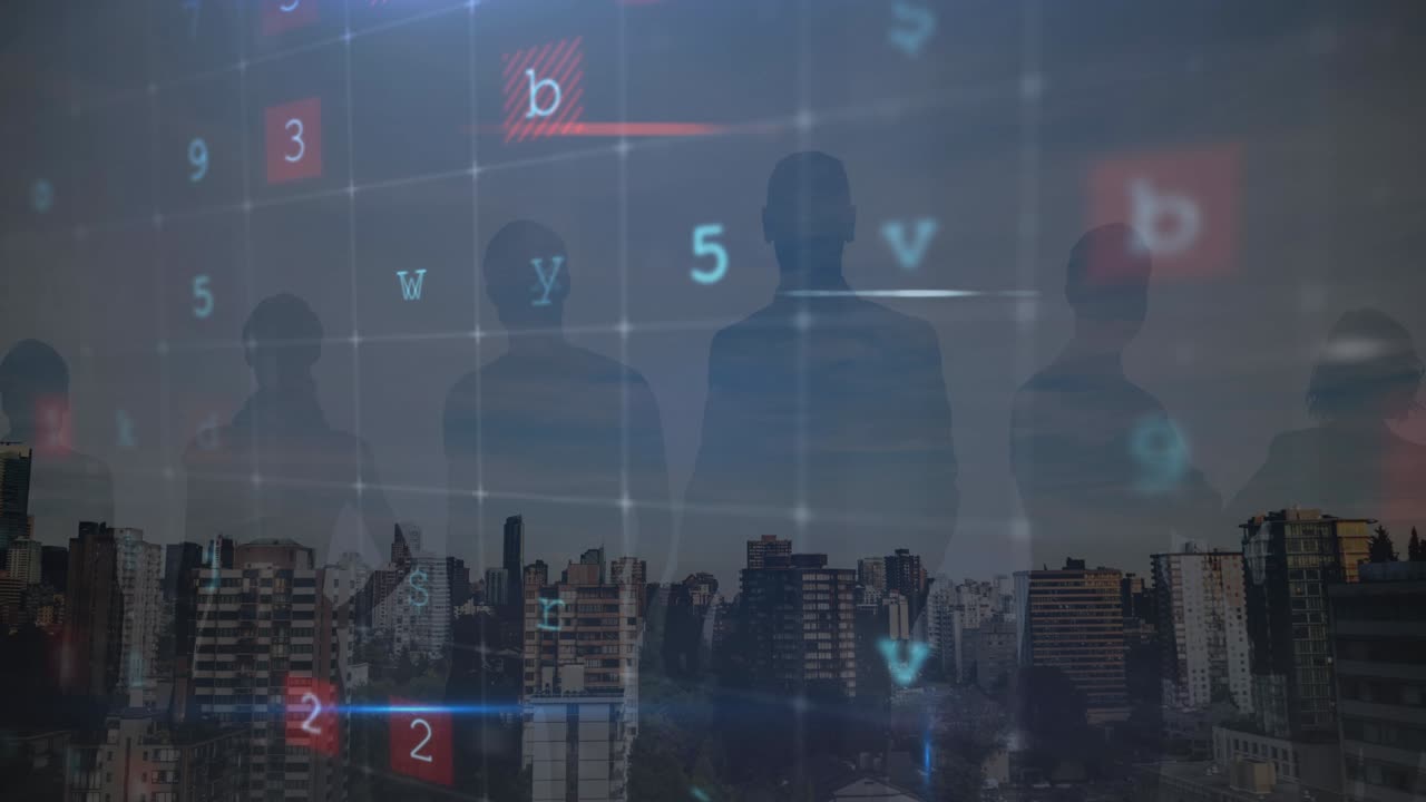 도시 풍경 위의 사이버 범죄 텍스트의 애니메이션