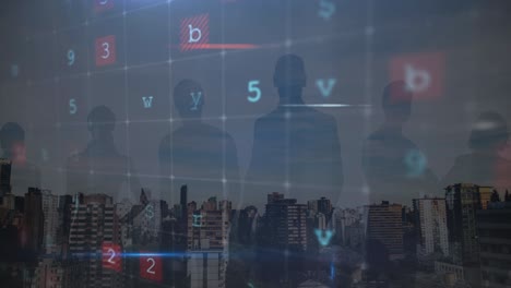 animatie van cybercriminaliteit tekst over cityscape