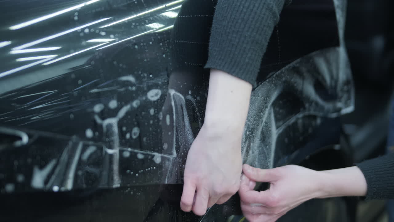 Aplicando uma película de proteção de pintura em um carro