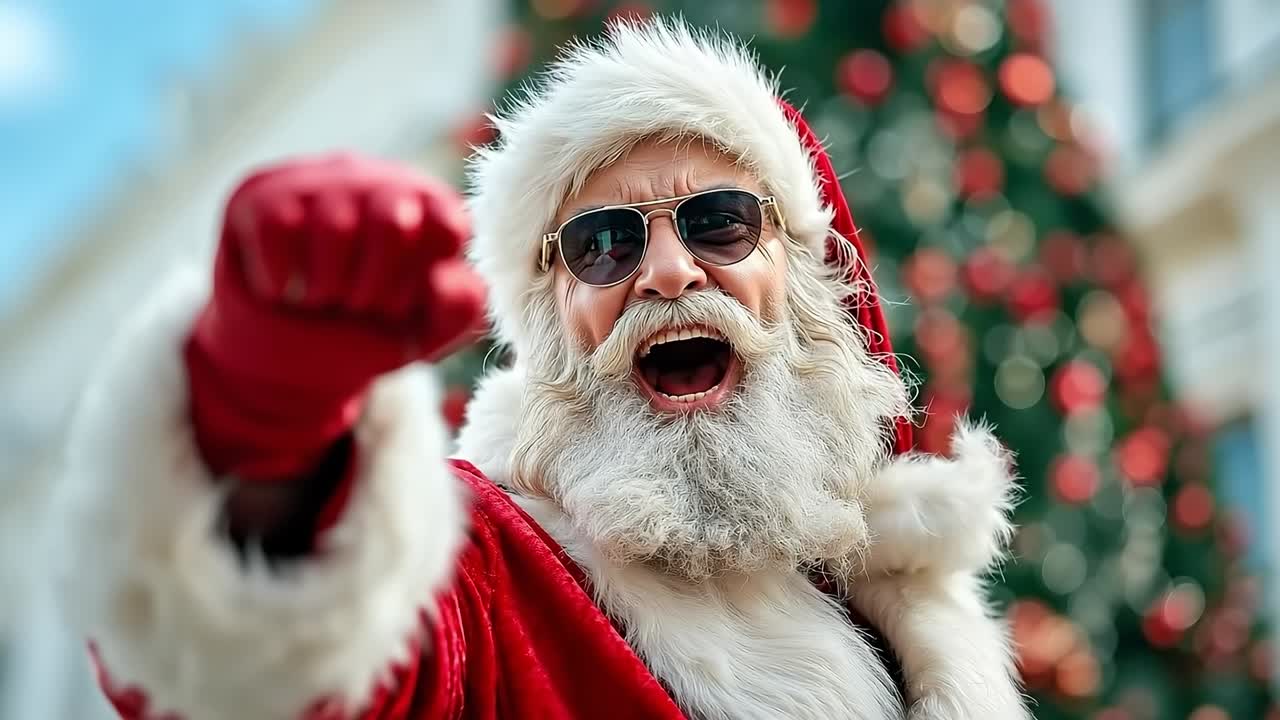 A man dressed as Santa Claus with sunglasses and a beard