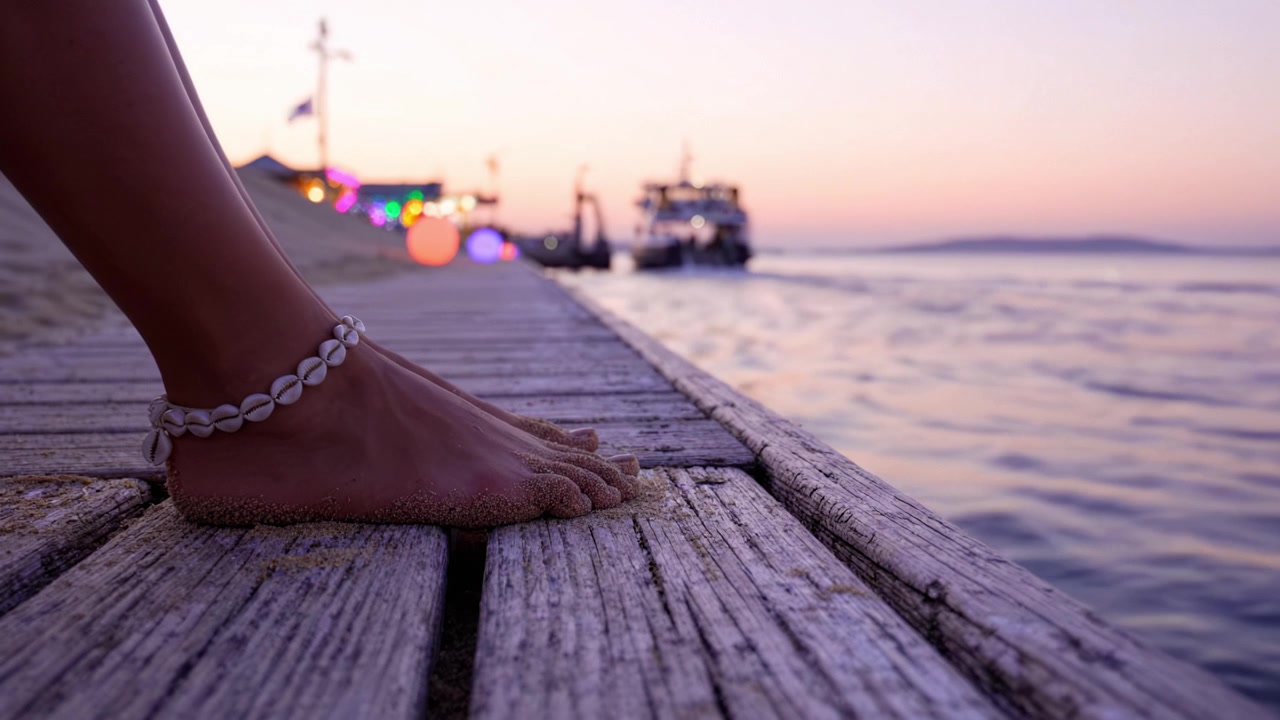 Tramonto sereno sull'acqua: un primo piano di un piede rilassato su un molo di legno con dolci onde e bellissimi colori che si riflettono all'orizzonte