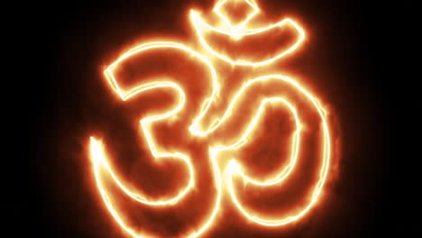 om symbol made of fire coming toward camera loopable animation, meditation yoga spiritual awakening visualization concept