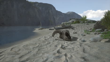 a skull rests on a sandy beach by a lake, with mountains in the background.