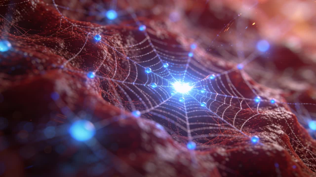 Radial web network pulsing on red surface, outer nodes glowing and sparking hub for tech demo
