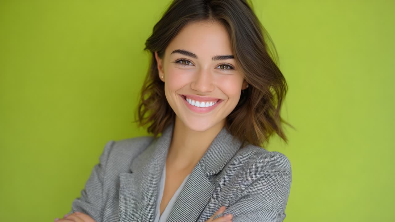 A Confident Young Woman With a Bright Smile Posing Against a Vibrant Green Background, Displaying Professional Attire and Charismatic Energy