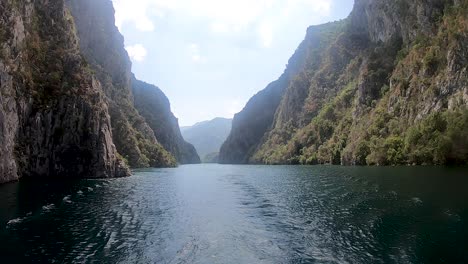 Timelpase-of-Lake-Koman,-Albania-by-ferry