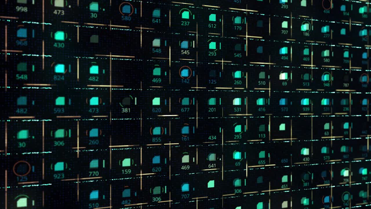 pantalla digital con filas verdes de pequeños microchips del mismo tamaño con números y líneas móviles en fondo negro, bucle sin costuras. animación. concepto de electricidad e información