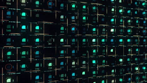 display digitale con righe verdi di piccoli microchip delle stesse dimensioni con numeri e linee mobili su sfondo nero, ciclo senza cuciture. animazione. concetto di elettricità e informazioni