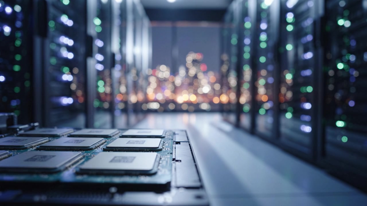 A Close-Up View of High-Performance Processors in a Modern Data Center with a Stunning City Skyline at Night in the Background Illuminated by Colorful Lights