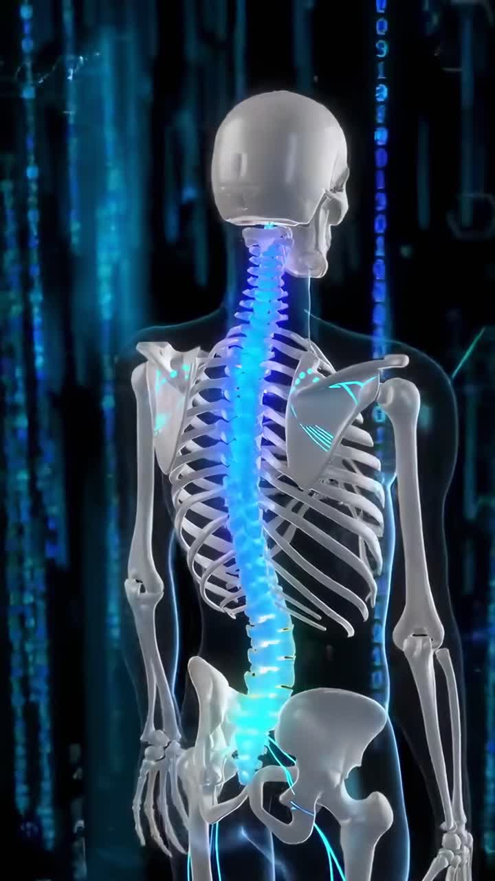 Futuristic video concept of a human skeleton with glowing spine, side angle view
