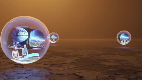 children in transparent bubbles