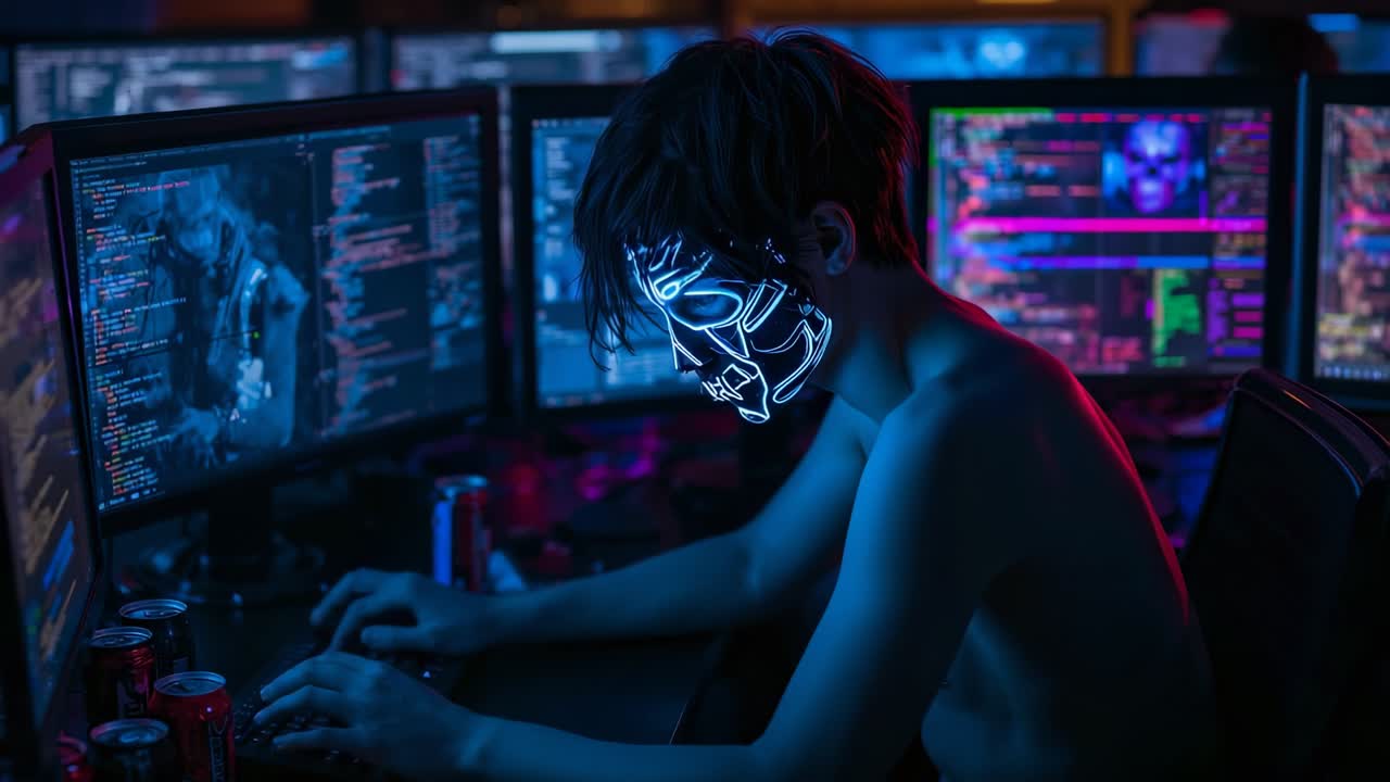 Shirtless hacker with LED mask typing code on monitors in neonlit station after lights pulse