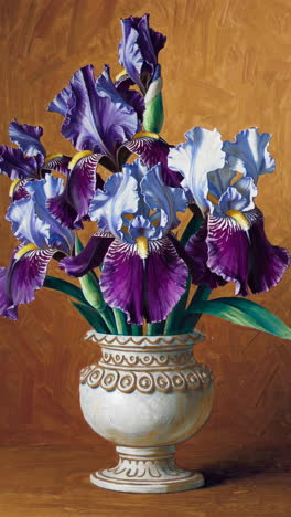 purple and blue irises in an ornate vase
