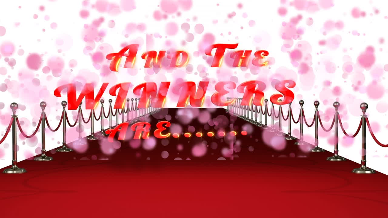 핑크색 점들이 떠다니고 우승자는 텍스트와 빨간 카 ⁇ 입니다.