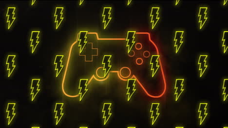 animación de iconos de relámpago sobre el gamepad de neón en fondo negro