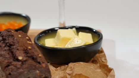 chocolate brownie, butter, and caviar appetizer