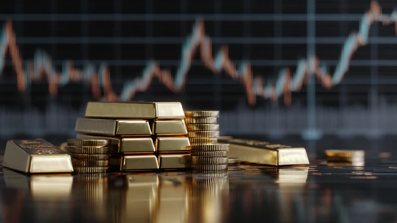 A Glimmering Display of Gold Bars and Coins Highlighting Financial Growth Against a Vibrant Market Trend Graph in an Engaging Investment Context