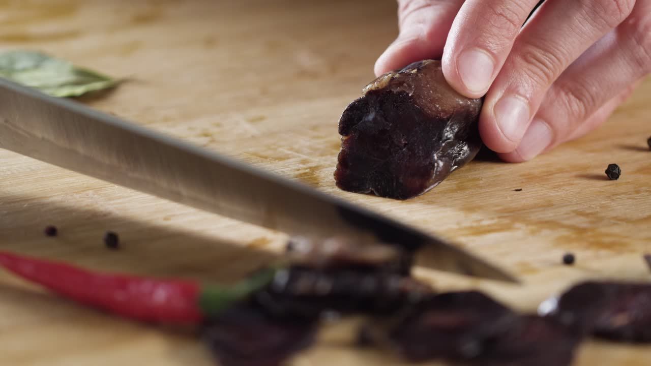 cortando salchichas ahumadas en una tabla de madera
