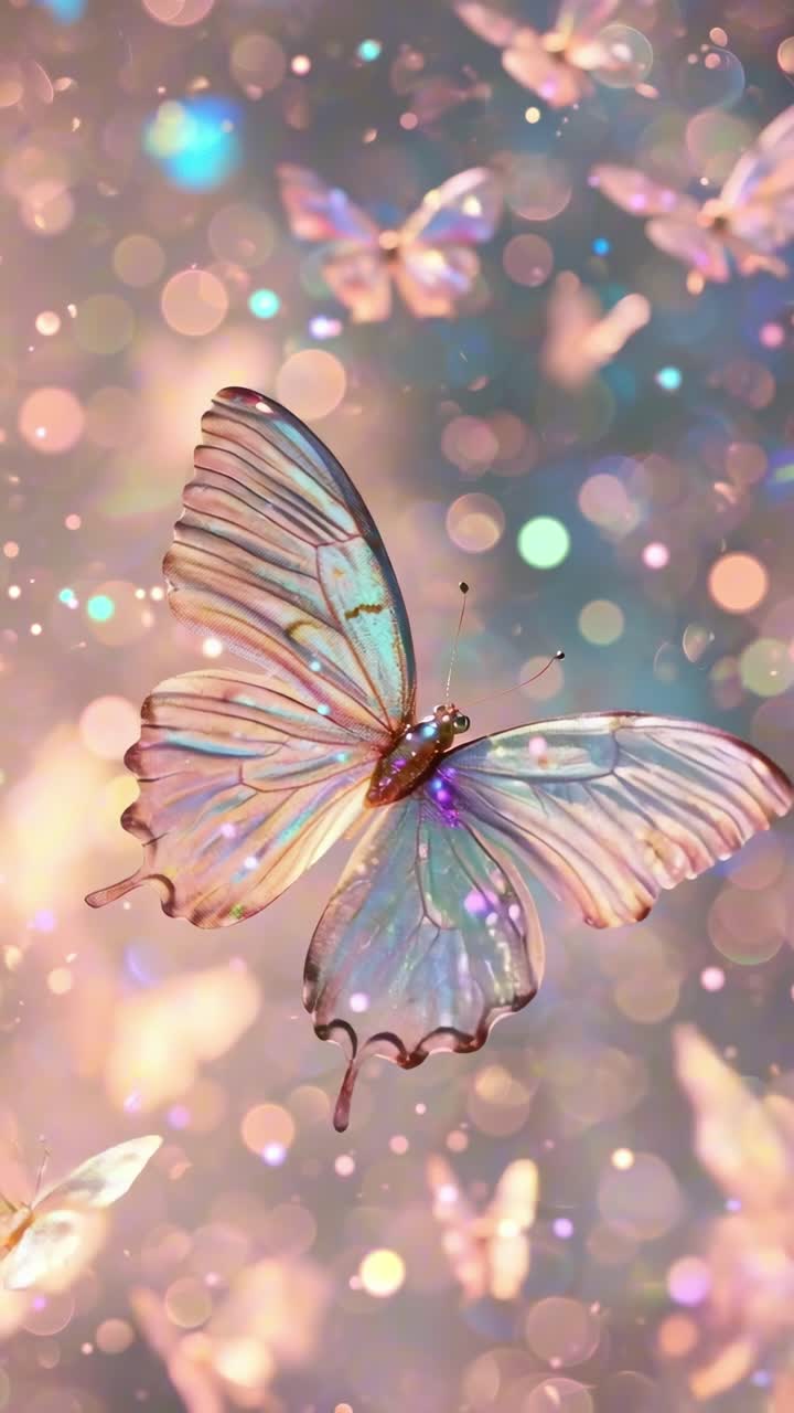 Video ravvicinato di farfalle eteree con ali iridescenti, circondate da luci bokeh