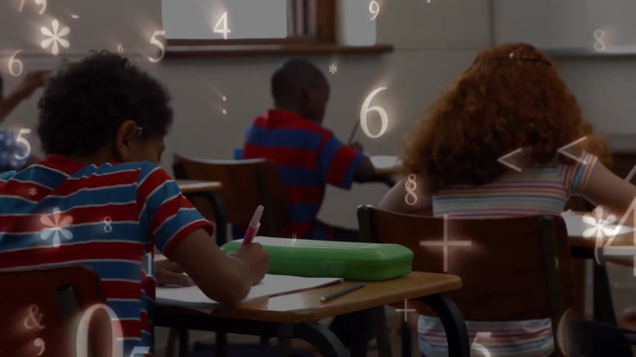 Schoolchildren studying while numbers and symbols move