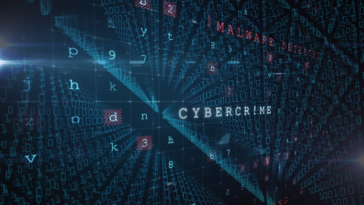 Animation of cybercrime warning text changing and binary coding