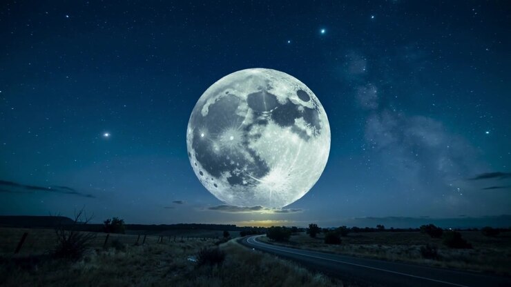 Lua cheia muito grande nascendo e movendo-se acima do horizonte à medida que a noite avança, iluminando uma estrada sinuosa.