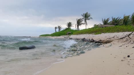 Día-Ventoso-Con-Vistas-A-Las-Olas-Del-Mar,-Palmeras-Verdes-En-La-Playa-De-Arena-Por-La-Mañana