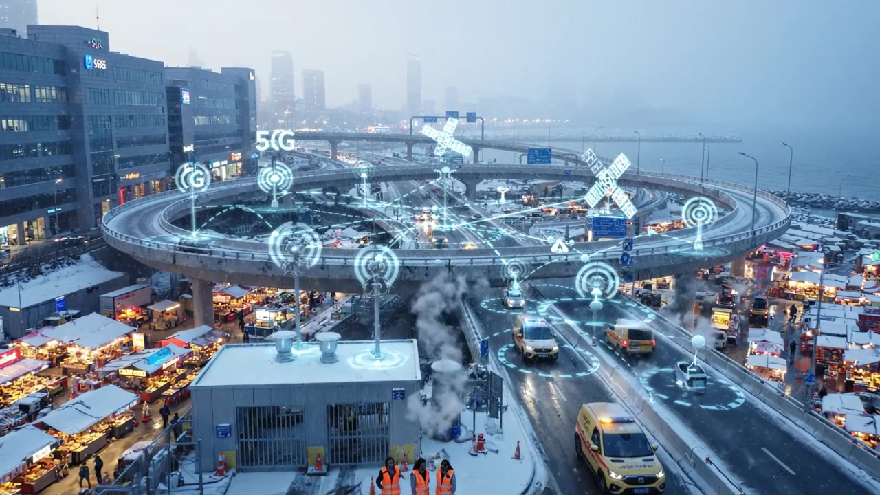 Incrocio urbano innevato con connettività 5G e bancarelle del mercato: un paesaggio urbano ad alta tecnologia durante il clima invernale.